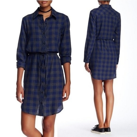3 for $30! SALE Ro & De Drawstring Button Down Plaid Long Sleeve Cotton Dress - Picture 1 of 6
